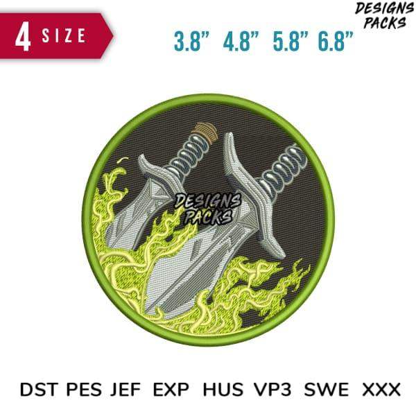 Embroidery design with crossed swords and green flames, available in multiple sizes and formats