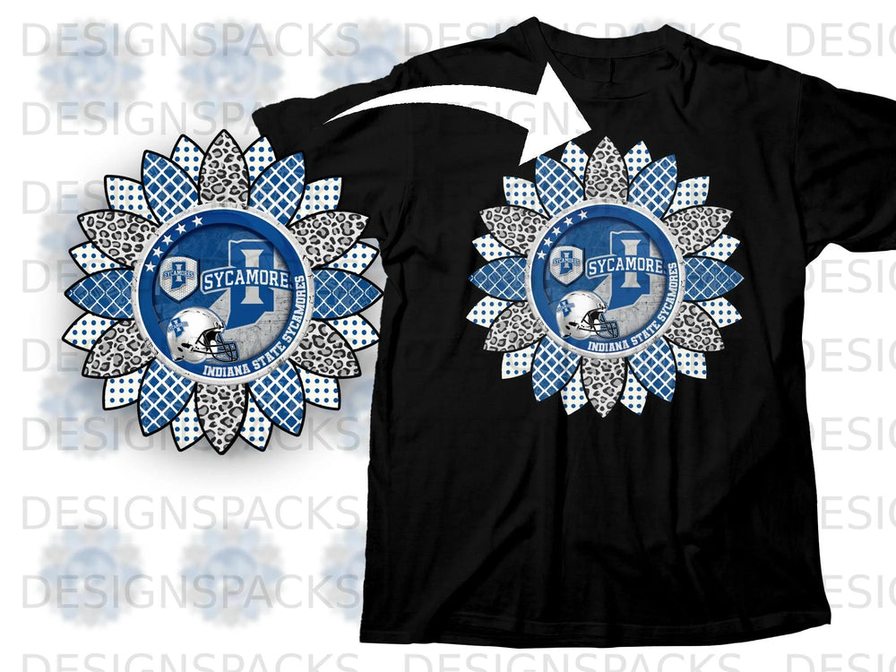 Black t-shirt with a sunflower design featuring "Sycamore" and "Indiana State Sycamores" text.