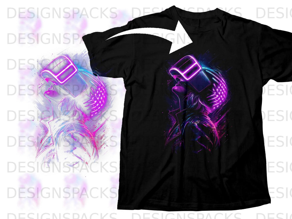 Black t-shirt with a neon cyberpunk woman wearing VR goggles graphic.