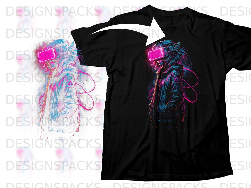 Black t-shirt featuring cyberpunk artwork of a person wearing VR goggles.