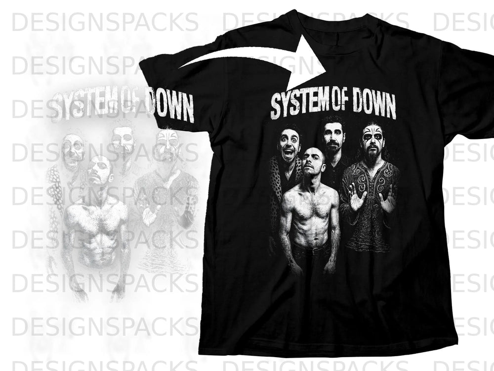 Black t-shirt with "System of Down" band members and logo graphic.