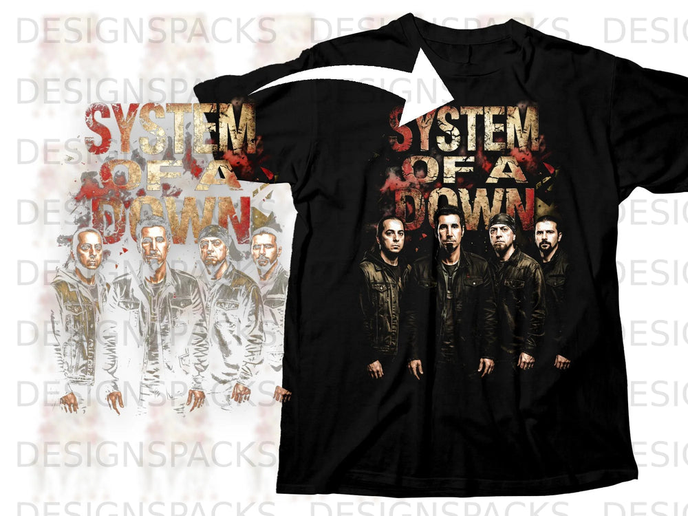 Black t-shirt with System of a Down band members and logo graphic.