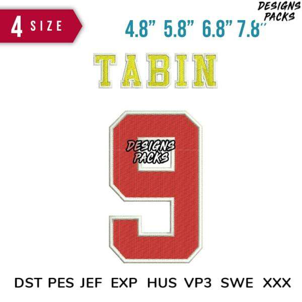 Embroidery design with name Tabin and number 9 in red, available in multiple sizes and formats like DST, PES, JEF