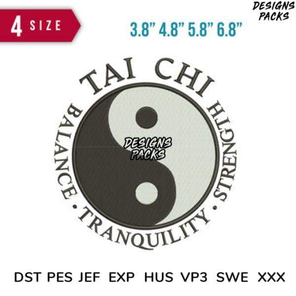 Tai Chi Yin Yang design with balance, tranquility, strength text, available in multiple embroidery formats
