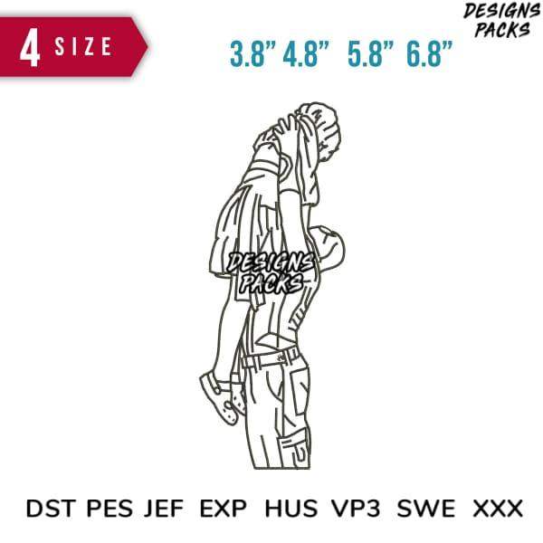 Embroidery design of a person in casual outfit, available in multiple sizes and formats like DST, PES, JEF.