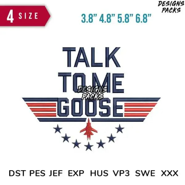 Talk To Me Goose embroidery design with wings, stars, jet, available in 4 sizes & multiple formats