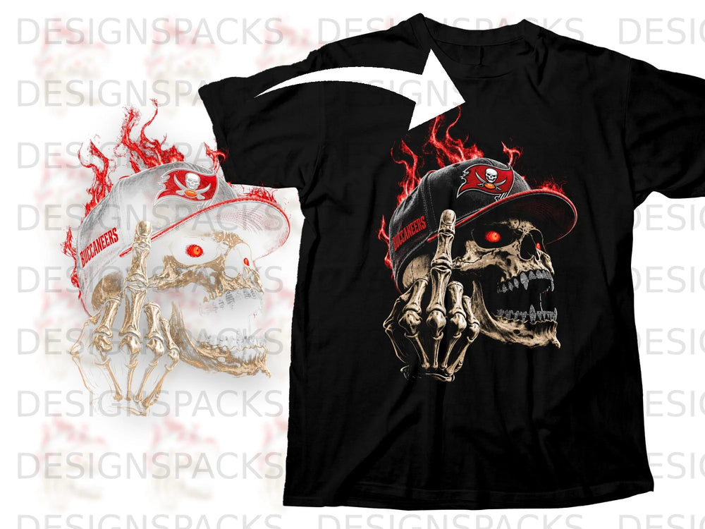 Black t-shirt with a Tampa Bay Buccaneers skeleton skull design and flames.