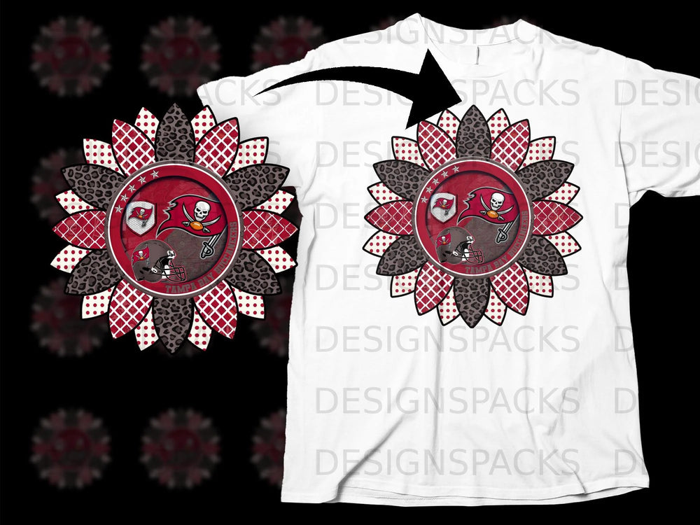 Sunflower graphic with Tampa Bay Buccaneers logo and helmet on white t-shirt.