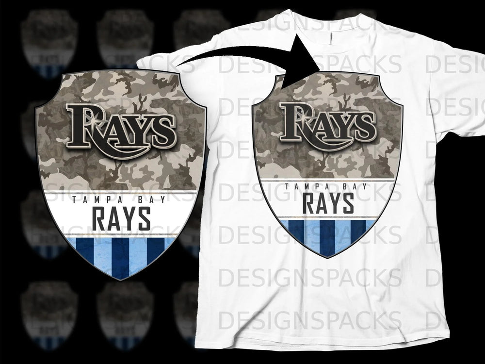 Tampa Bay Rays logo with camouflage pattern on white t-shirt.