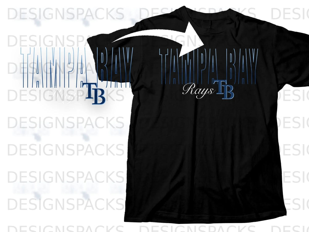Black t-shirt with "Tampa Bay Rays TB" graphic and white arrow overlay.