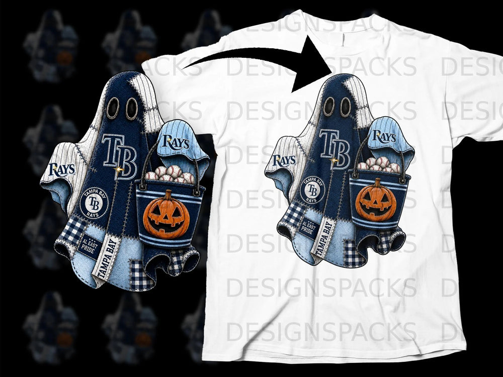 Tampa Bay Rays ghost with pumpkin and baseballs on a white t-shirt.