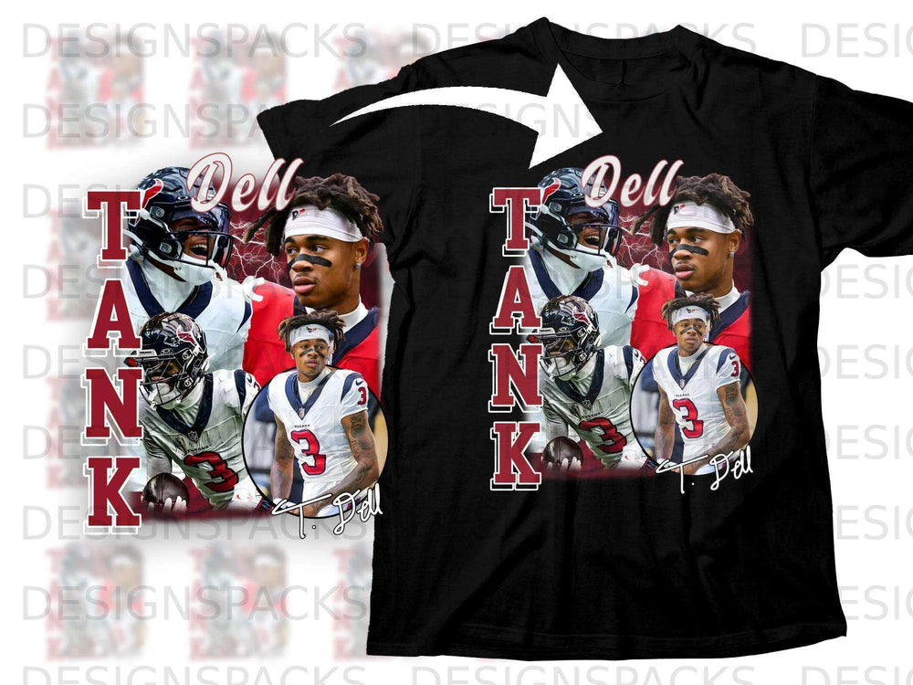 Houston Texans player Tank Dell on a black t-shirt.