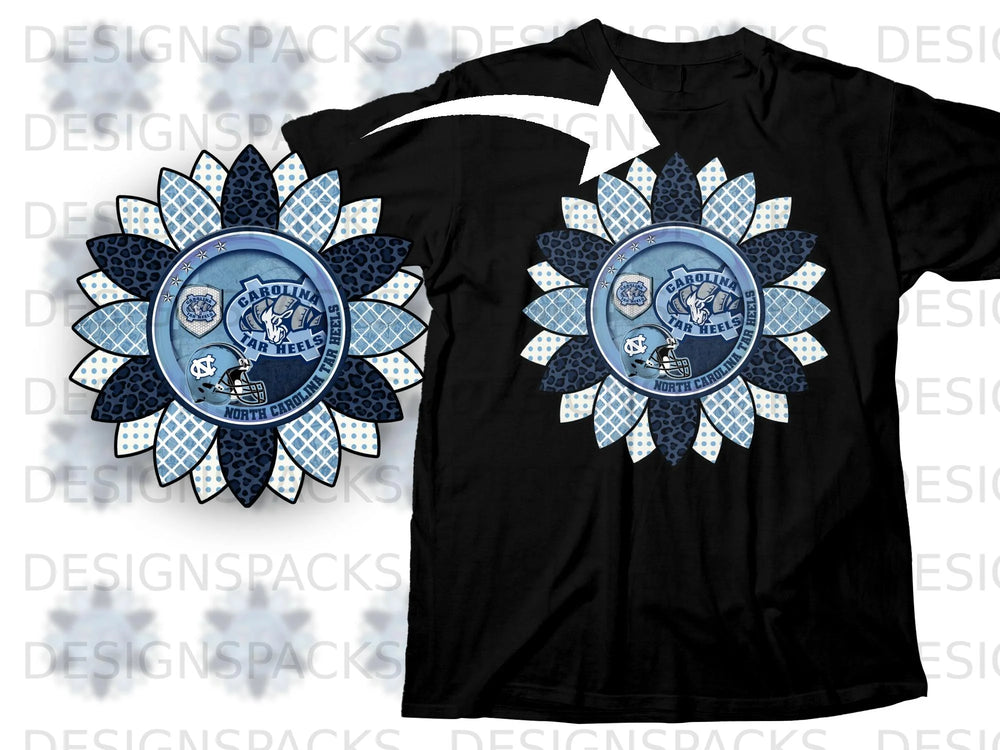 Black t-shirt with a Carolina Tar Heels sunflower graphic.