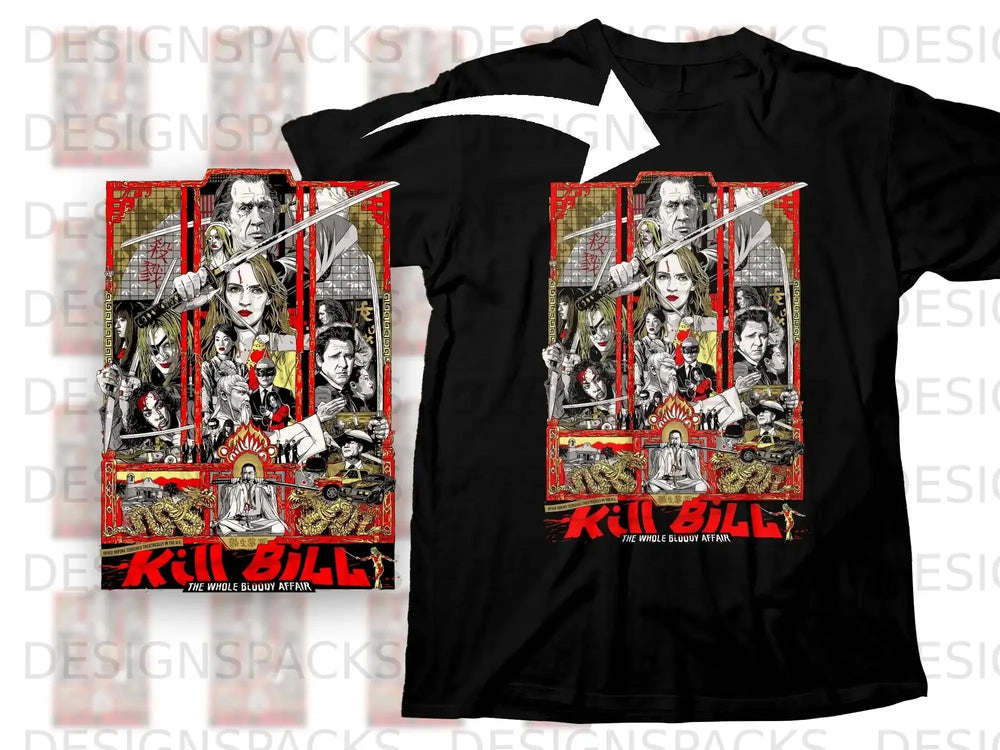 Kill Bill The Whole Bloody Affair t-shirt graphic with collage of characters.