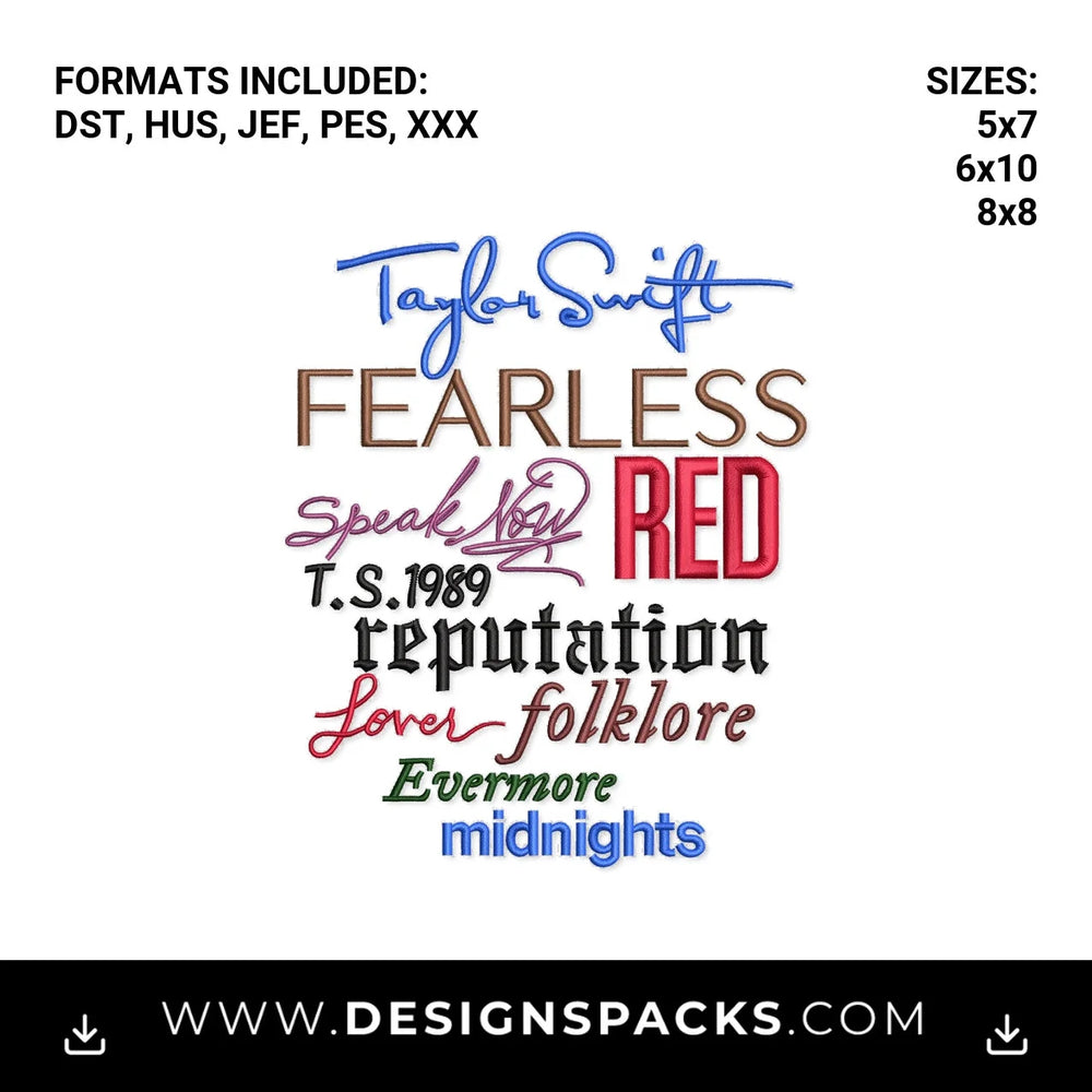 Taylor Swift Eras Tour Album Logos Stack Embroidery Design - Instant digital download pattern at Designspacks.com