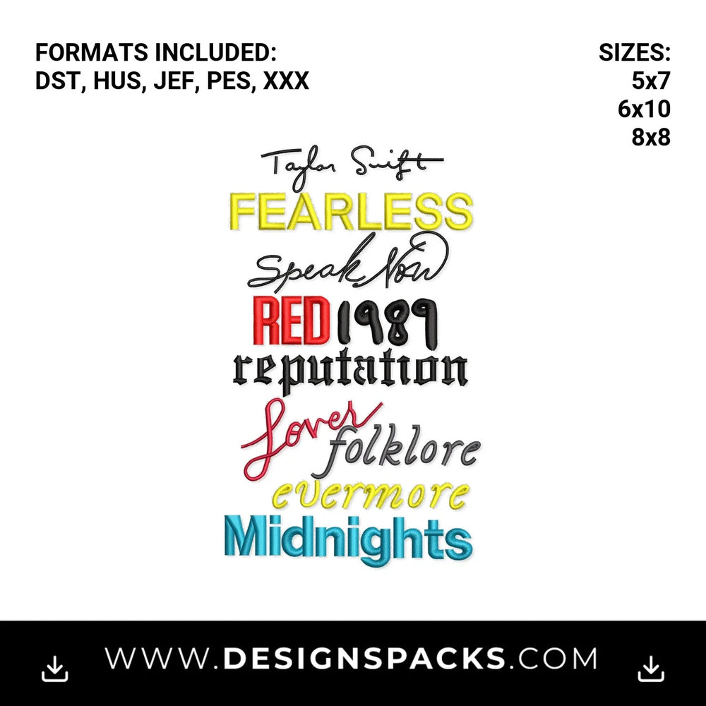 Taylor Swift Eras Tour Stacked Albums Embroidery Design - Instant digital download pattern at Designspacks.com