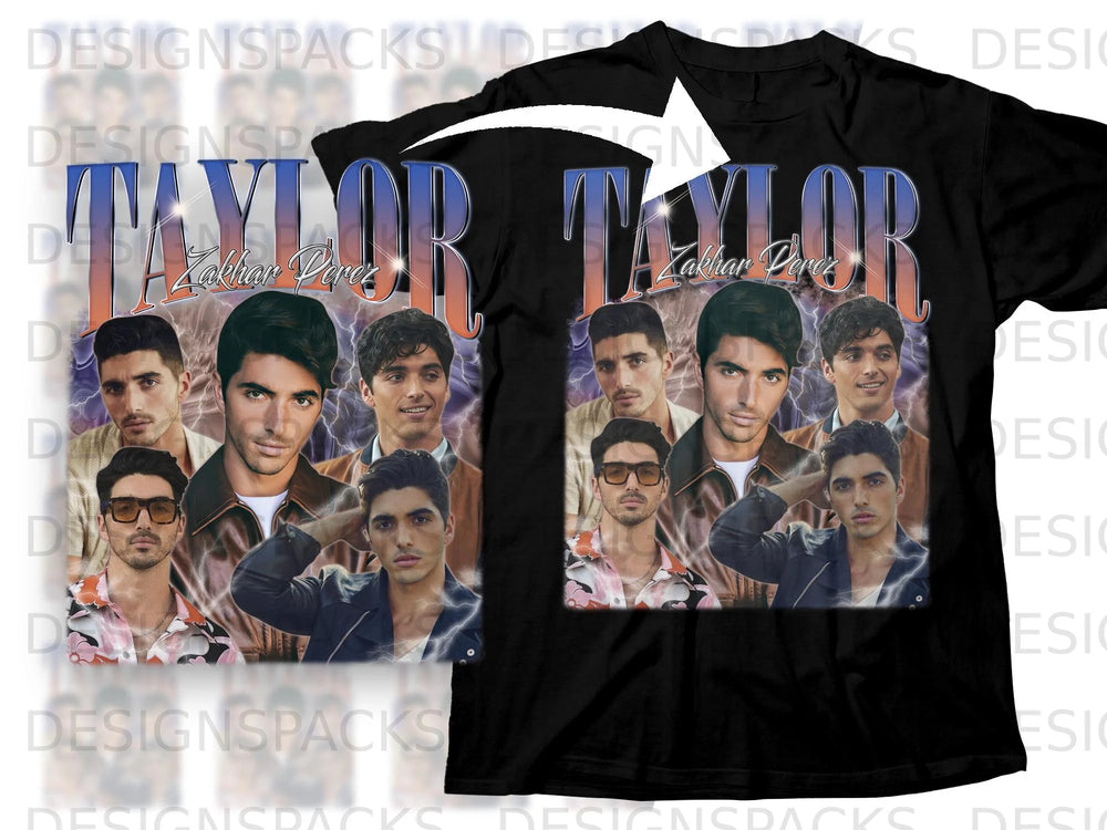 Black t-shirt with "Taylor" and "Zakhar Perez" text over multiple male portraits.