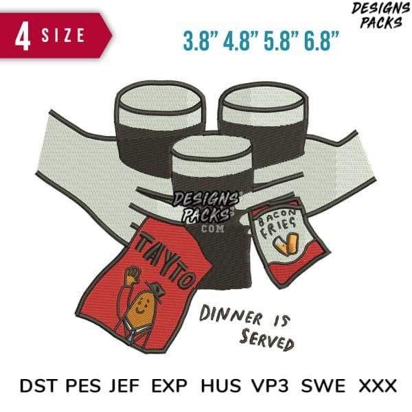 Embroidery design with Tayto & Bacon Fries snacks, 4 sizes, DST PES JEF formats, dinner is served theme