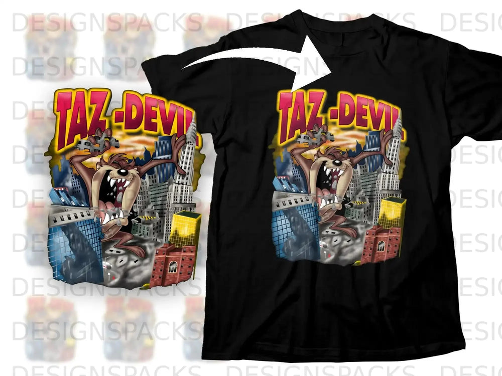 Black t-shirt with cartoon Taz Devil character and city skyline.