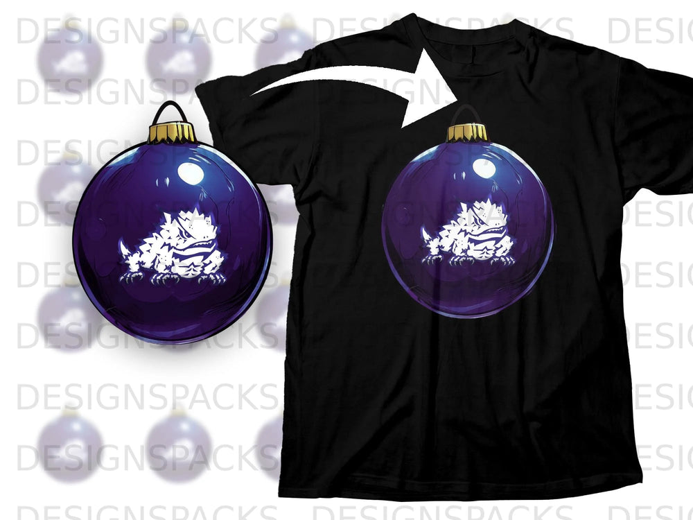 Black t-shirt with a graphic of a white lizard inside a purple Christmas ornament.