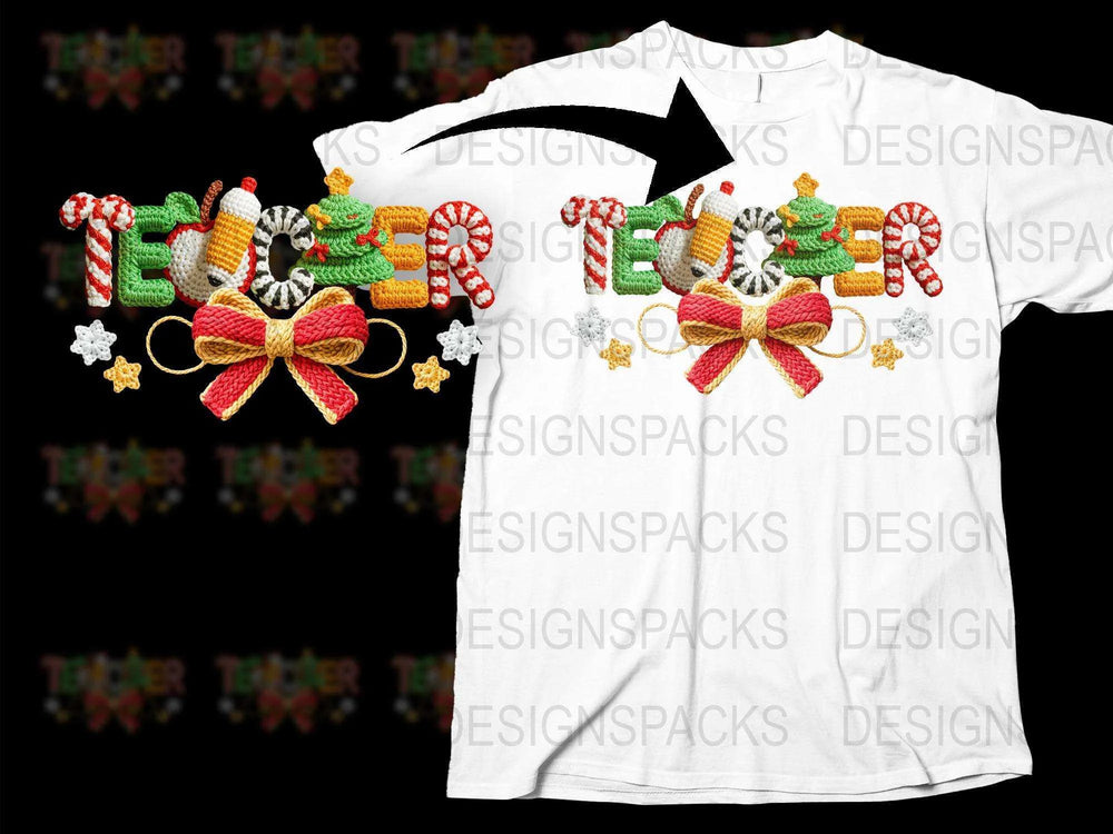 Festive Christmas T-Shirt with Candy Cane and Bow Graphics, Holiday Apparel, Unisex White Tee with Colorful Design, Xmas Gift Idea
