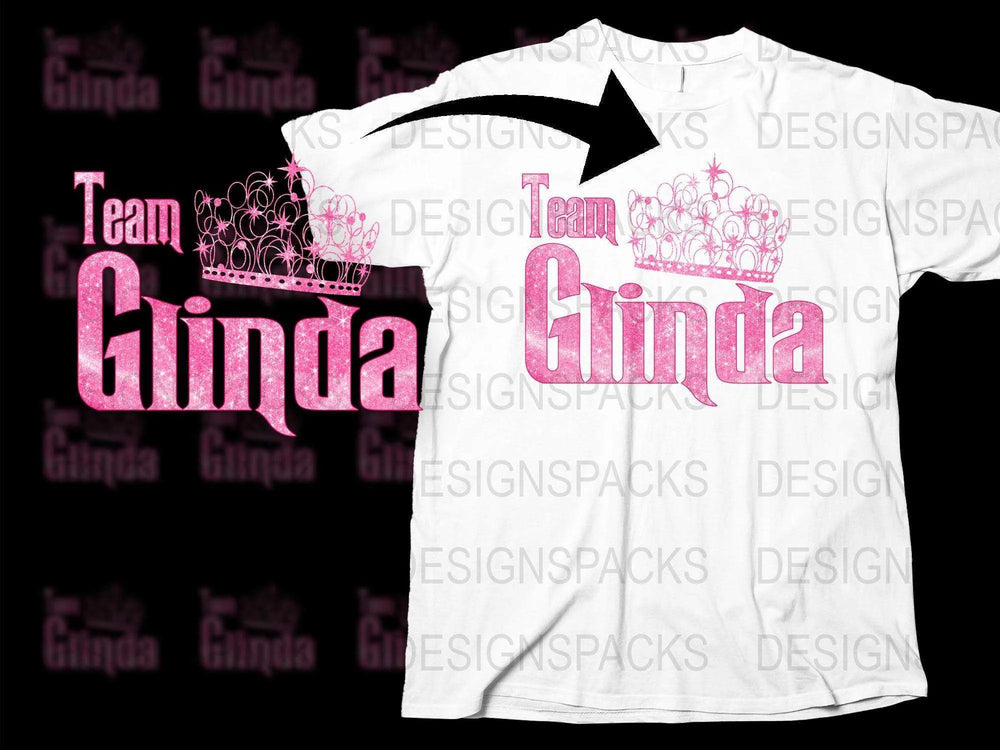 Team Giinda T-Shirt, Pink Glitter Text with Crown Graphic, Customizable Sports Team Shirt, Unisex Fit