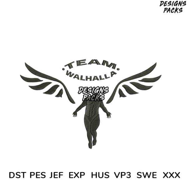 Team Walhalla embroidery design with wings, available in PES, DST, JEF formats for instant download