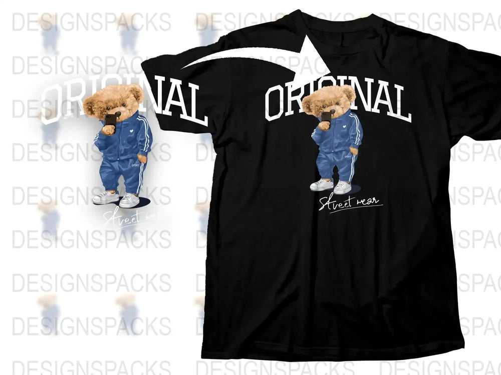 Teddy Bear in Blue Tracksuit Holding a Smartphone Png Digital Download