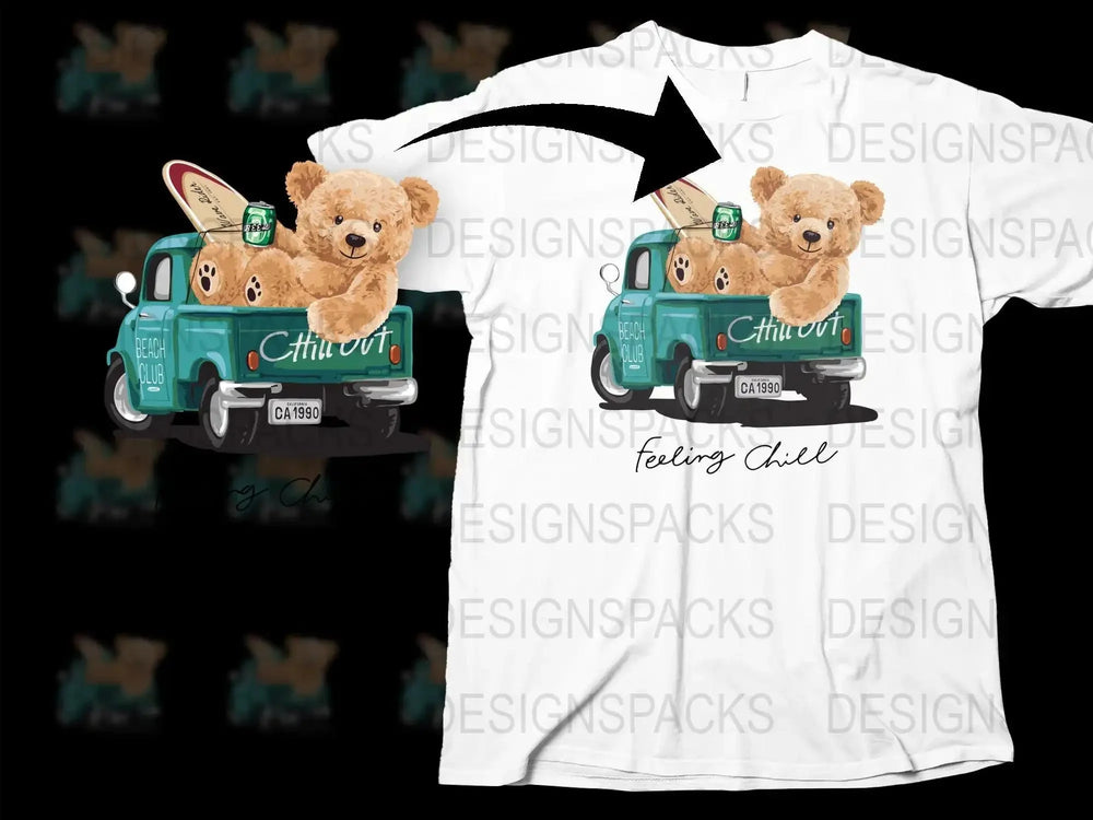 Teddy Bear in Pickup Truck with Surfboard Png Digital Download