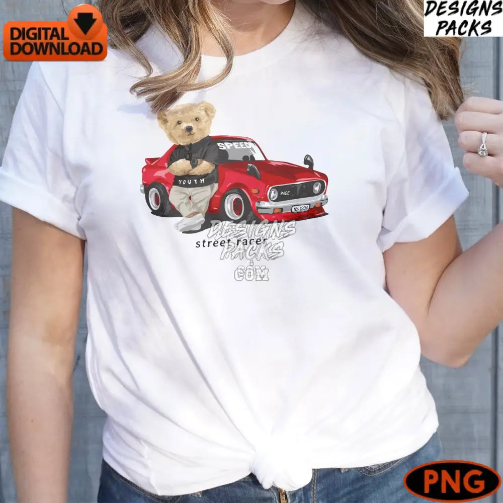 Teddy Bear Racer Digital Png Cute Street Racing Youth Speed Car Illustration Instant Download