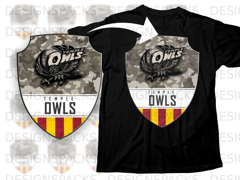 Black t-shirt featuring a shield logo with a camouflage background, an owl graphic, and "Temple Owls" text.