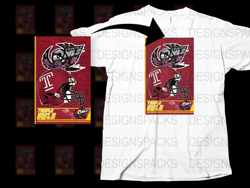 Temple Owls Football Helmet Graphic T-Shirt, College Sports Fan Apparel, Red and White Tee