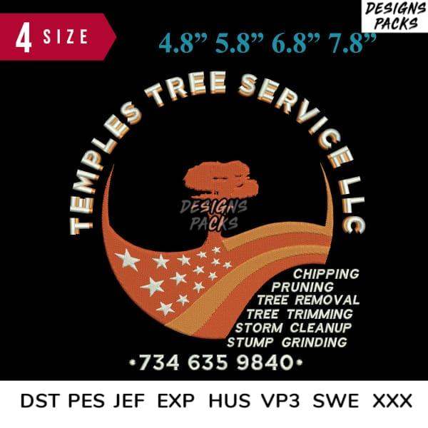 Tree service logo with American flag design, listing pruning, trimming, and cleanup services in embroidery formats.