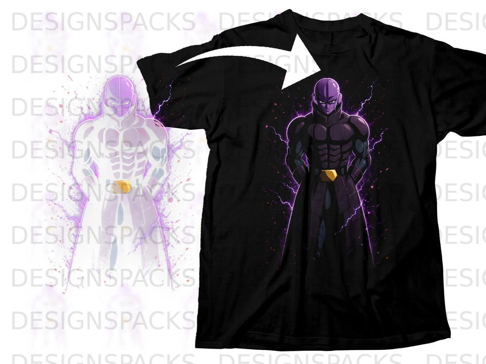 Black t-shirt featuring a purple character with a gold belt and lightning effects.