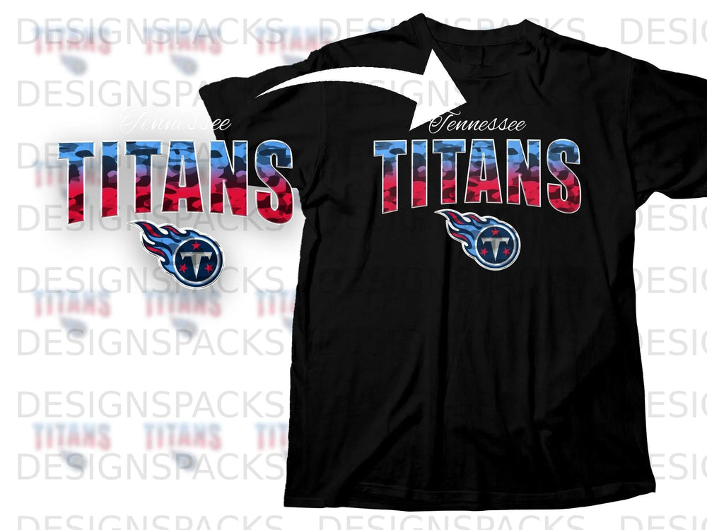 Black t-shirt with Tennessee Titans logo and camouflage "TITANS" text.