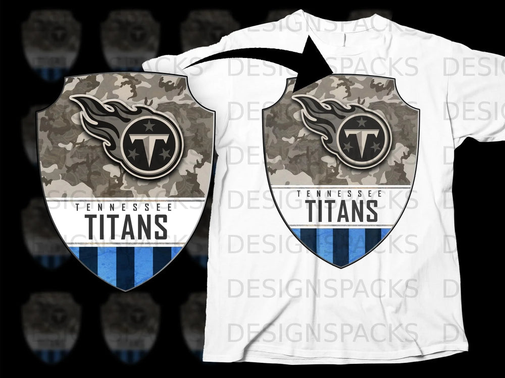 Tennessee Titans logo with camouflage and blue stripes on a white t-shirt.
