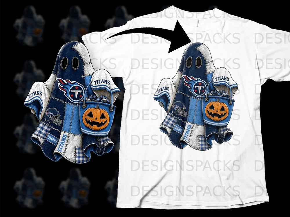 Patchwork ghost with Titans logo, pumpkin bucket with candy and helmets, on a white t-shirt.