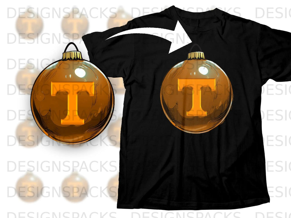 Orange Christmas ornament with a large orange letter "T" on a black t-shirt.