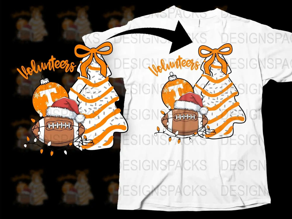 Orange and White Volunteers Football Santa Hat Christmas T-Shirt, Festive Holiday Graphic Tee