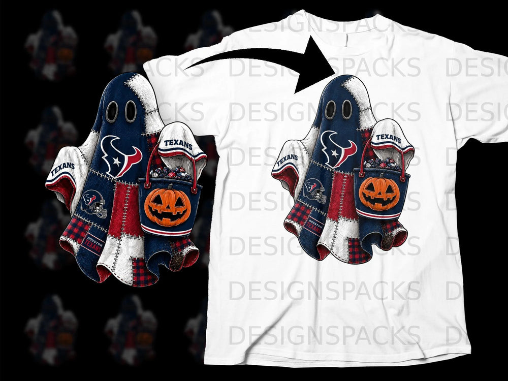 Houston Texans ghost with pumpkin bucket and candy on a white shirt.