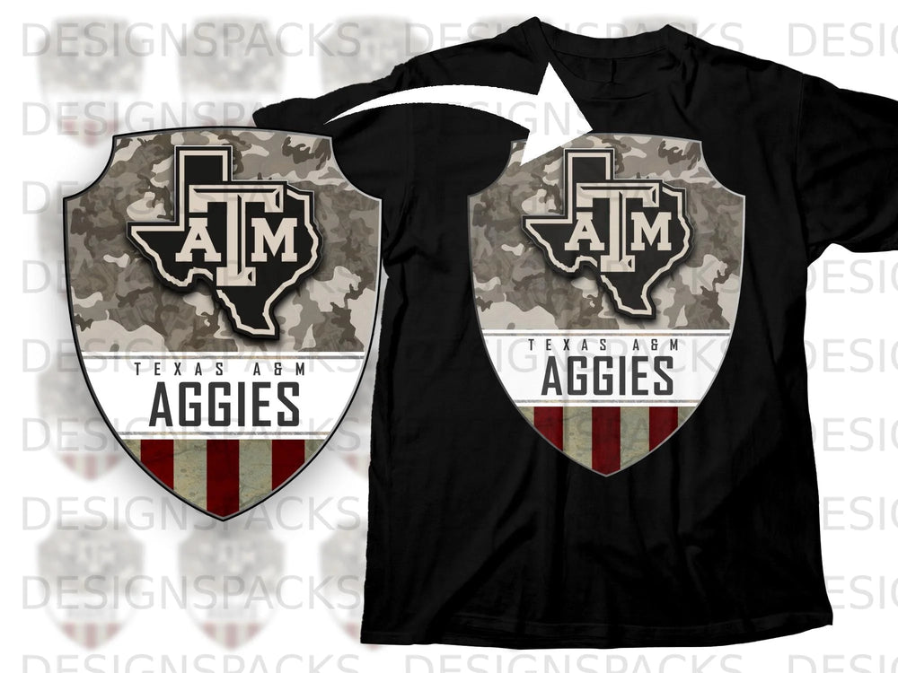 Texas A&M Aggies shield logo on a black t-shirt with camouflage and stripes.
