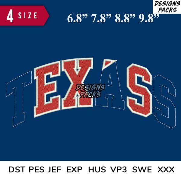 Texas varsity-style design in 4 sizes for embroidery, DTF, DTG — DST, PES, JEF formats included