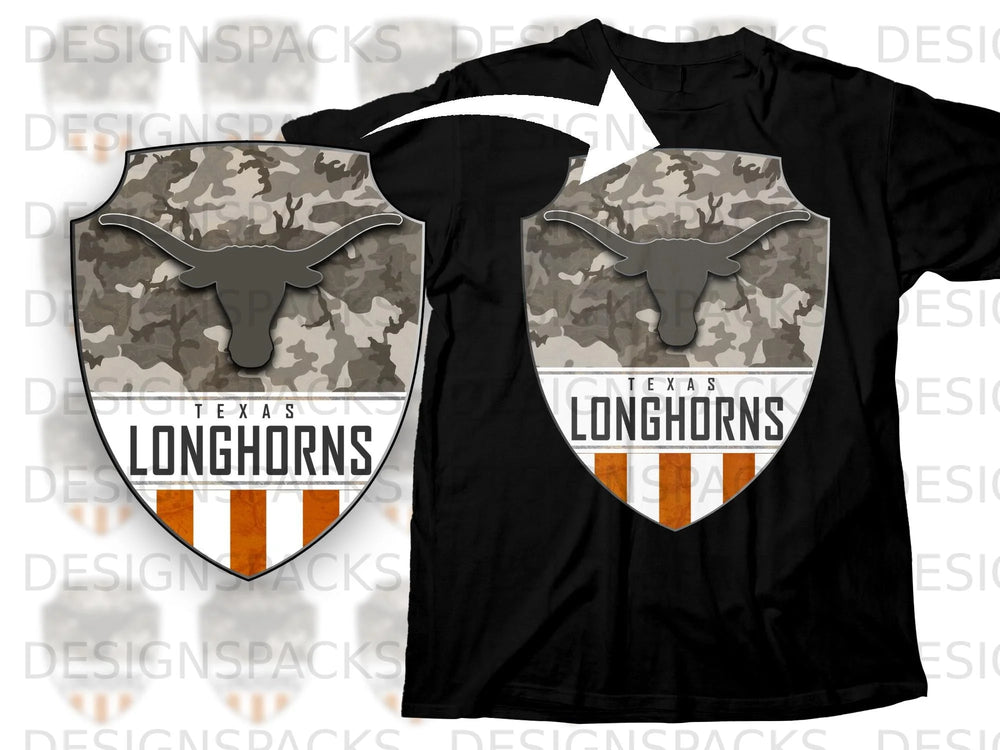 Black t-shirt with Texas Longhorns shield logo and camouflage pattern.
