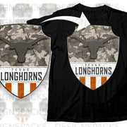 Black t-shirt with Texas Longhorns shield logo and camouflage pattern.