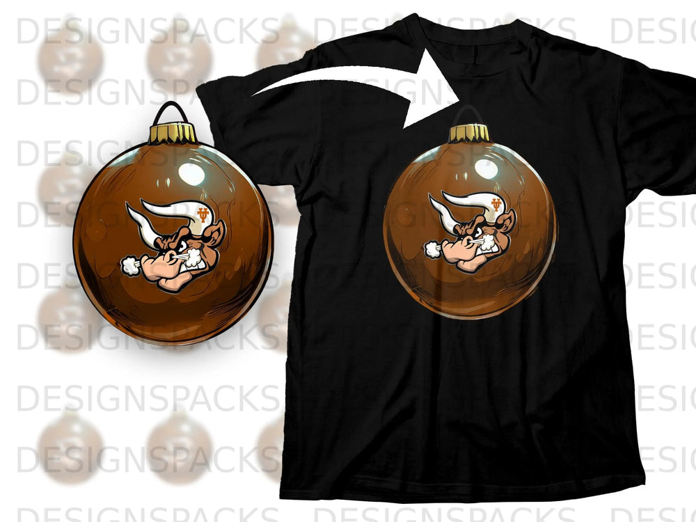 Black t-shirt showcasing a brown Christmas ornament with a bull's head design.