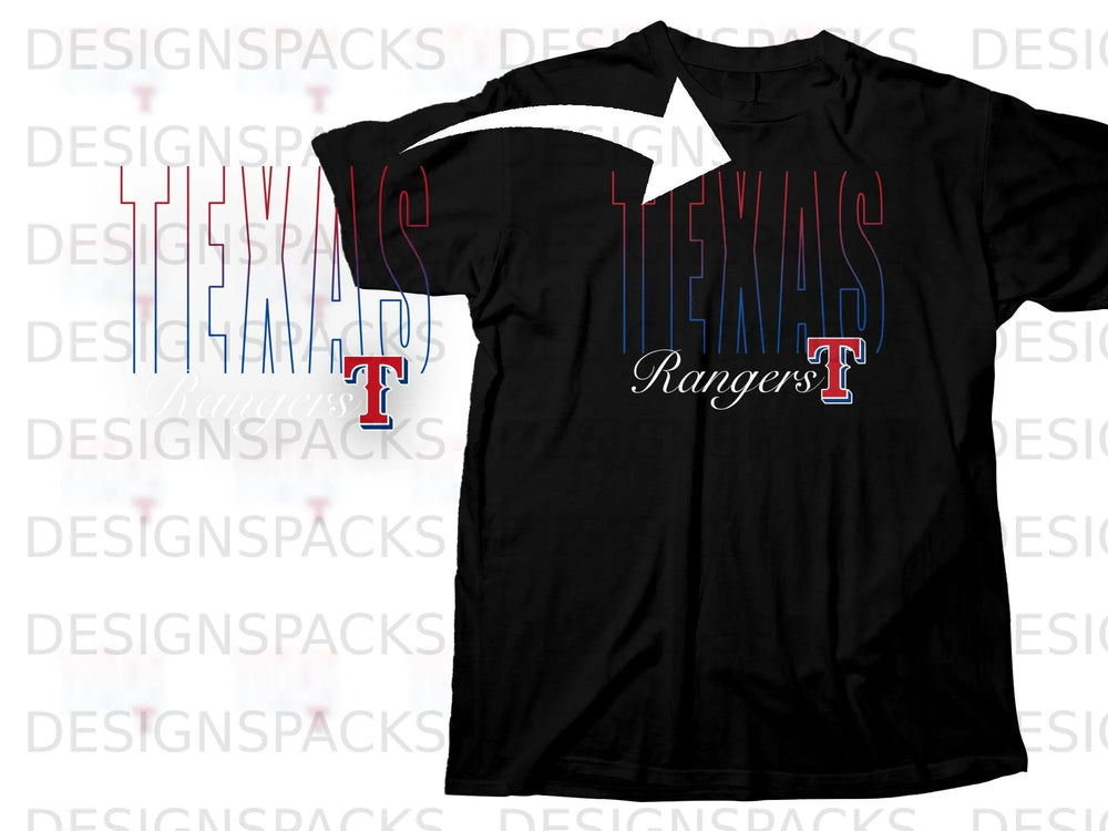 Black t-shirt with outline of "TEXAS" and "Rangers" in red and blue.