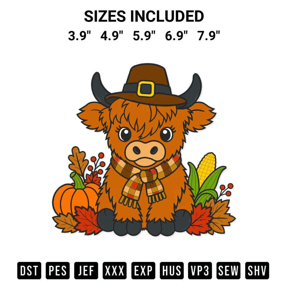 Thanksgiving Highland Cow Embroidery Design