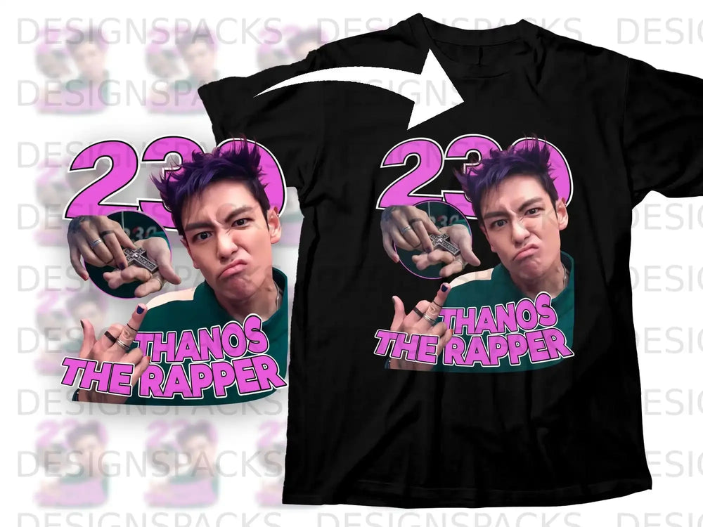 Black t-shirt with "Thanos the Rapper" graphic and purple-haired character.
