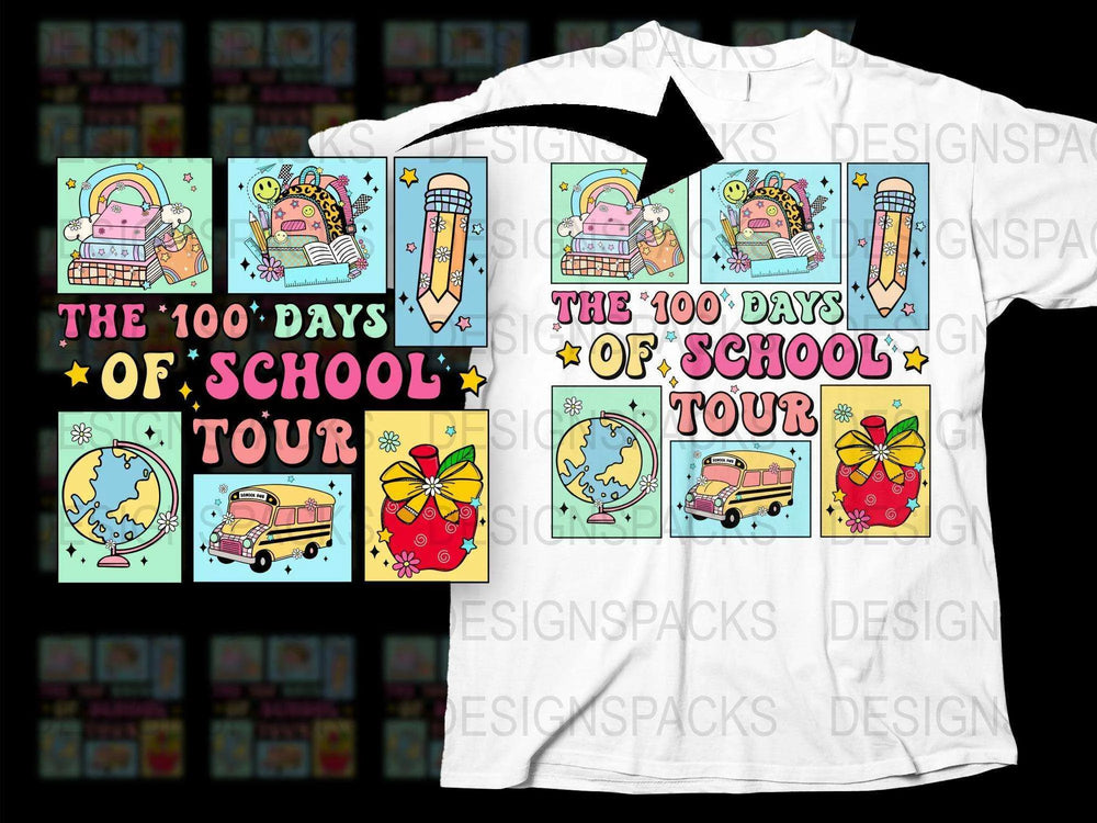 '100 Days of School Tour' T-Shirt, Colorful Kids Educational Tee, Fun School Bus and Supplies Design