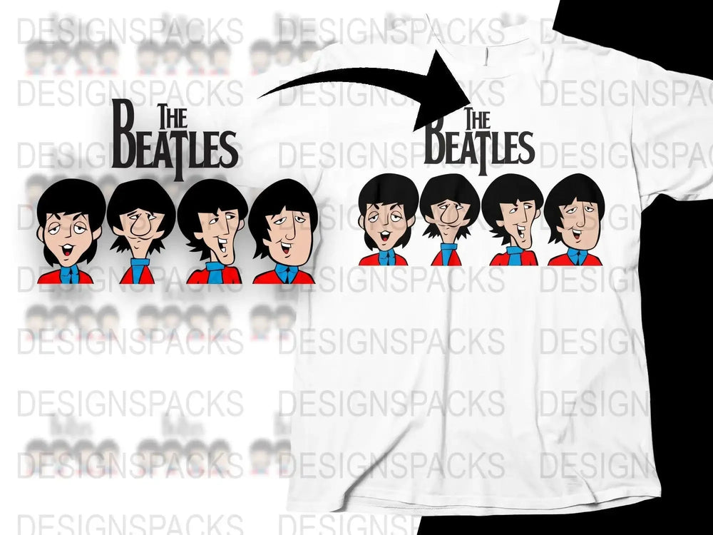 The Beatles Cartoon Faces Of Legendary Band Printed Png Design Digital Download